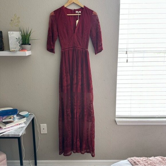 Southern Fried Chics Red Lace Maxi Dress XS NWT Romantic Boho Sheer Overlay NWT - Picture 4 of 16